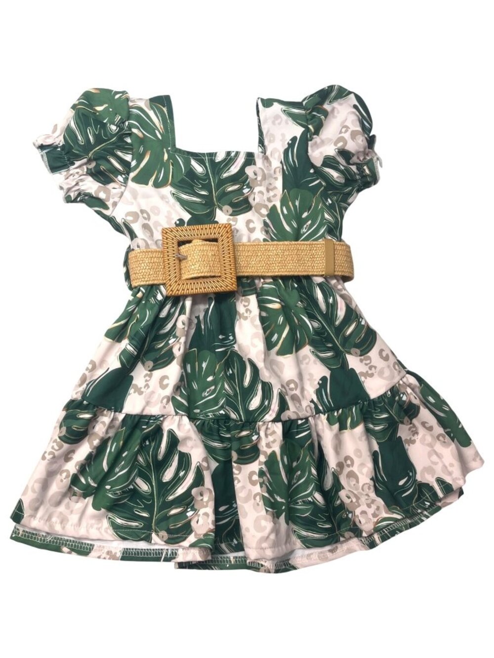 Boutique Tropical Leaf & Leopard Print Dress W Belt & Headband XS Green & Beige